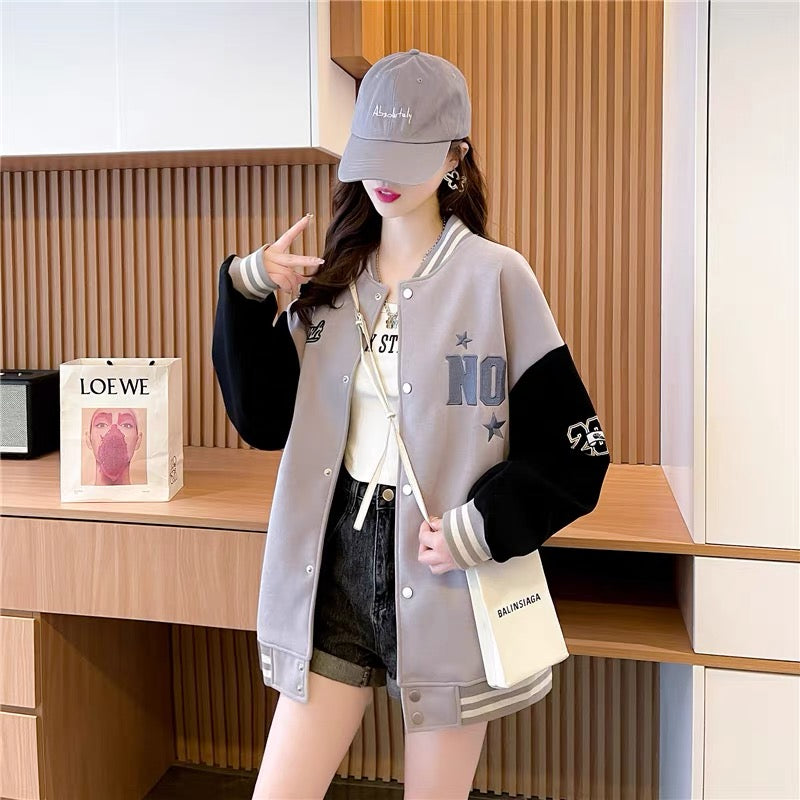 2023 Autumn and Winter American Retro Velvet Sweater Baseball Uniform Cardigan Women's Loose Lazy Sports Style Top Jacket