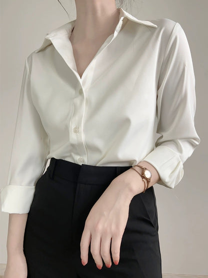 ACHU straightforward and simple high-end green satin shirt women's professional interview shirt design niche top T579
