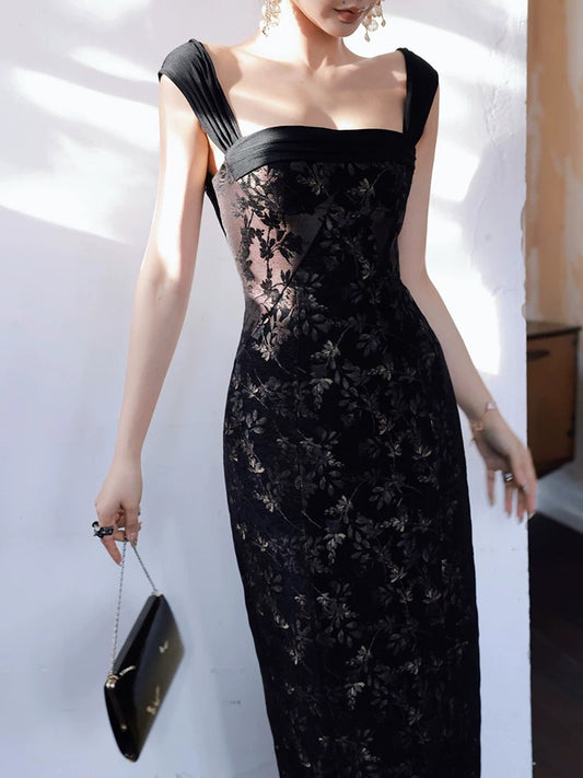 Xiaoli XIAOLI Chinese style floral suspender hip dress autumn and winter new high-end exquisite retro slim skirt