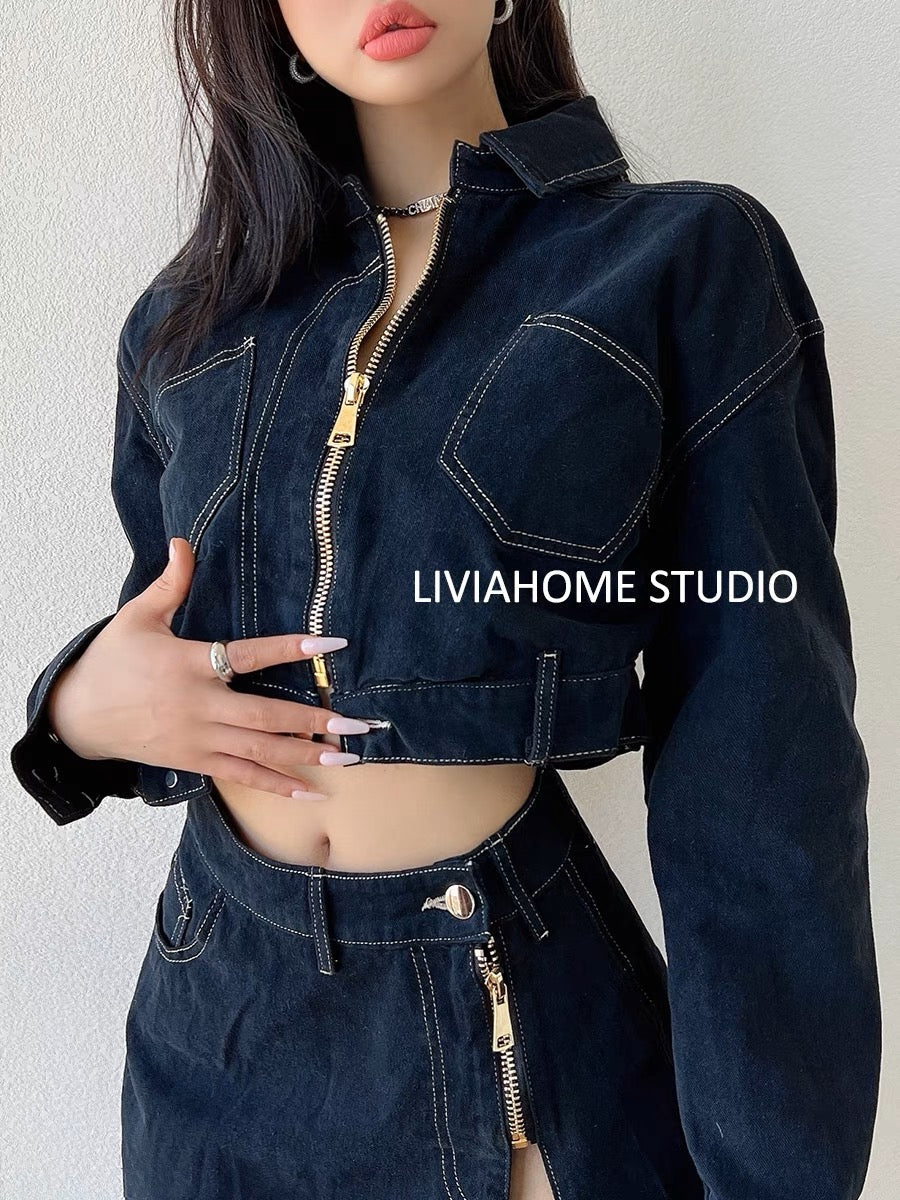 liviahome European and American ins retro zipper denim suit loose and versatile short coat high waist slit skirt autumn (S195)