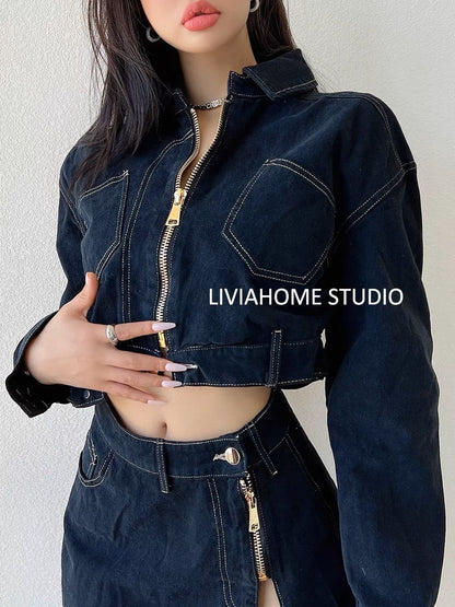 liviahome European and American ins retro zipper denim suit loose and versatile short coat high waist slit skirt autumn (S195)