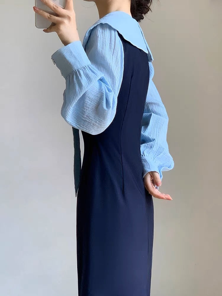 Autumn Women's Clothing 2023 New French Style Waist Slimming Navy Collar Gentle Style Design Niche Long Sleeve Dress