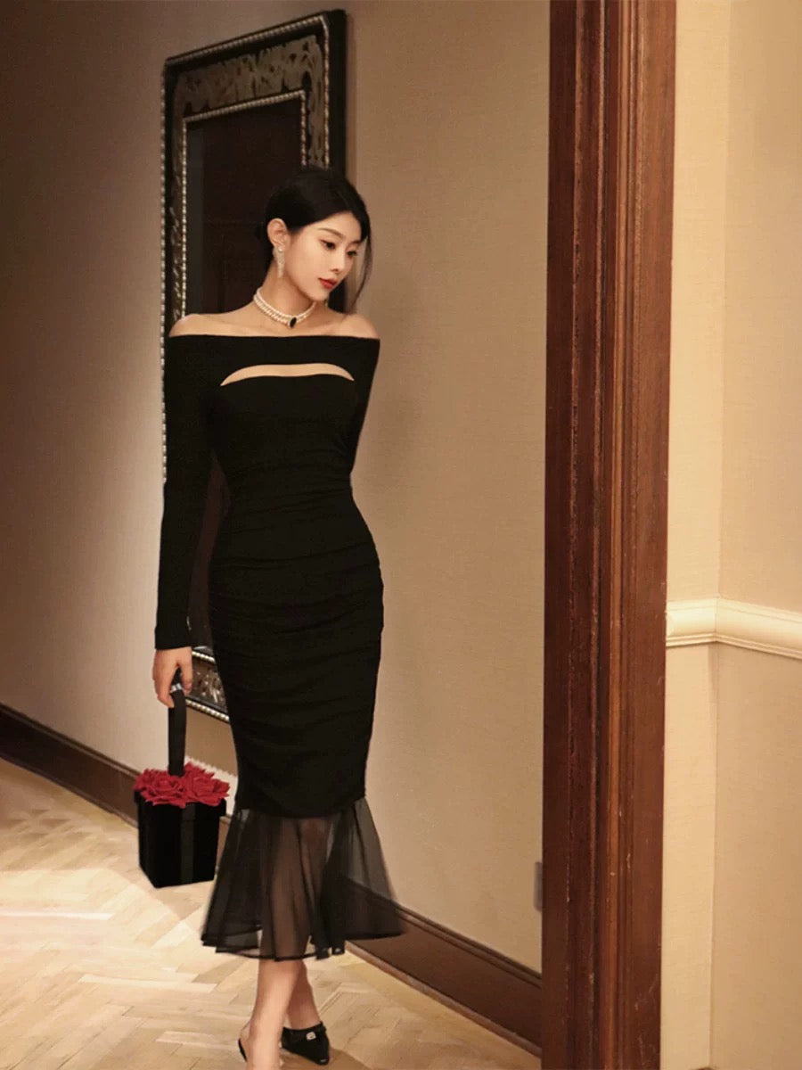 Thirteen and Little Black Knitted Dress Women's Autumn and Winter Sexy Hollow Mesh Spliced One-Shoulder Fishtail Skirt