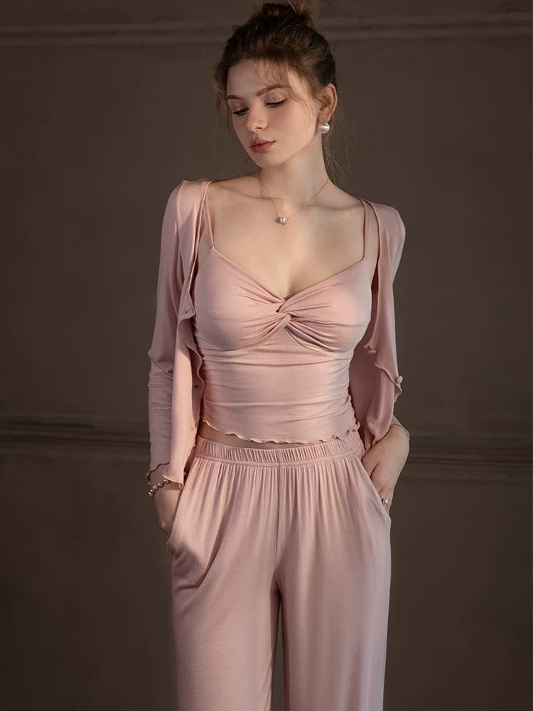 Forced to sell pajamas for women, autumn new model modal suspenders, sexy pure lust style with breast pads, three-piece home clothes set
