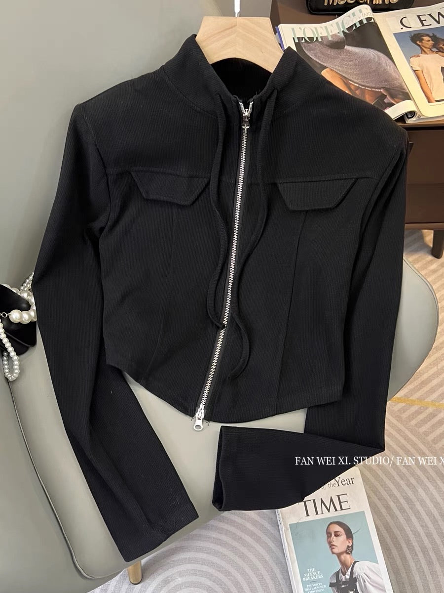 2023 new autumn and winter design versatile lace-up shoulder pads stand-up collar corduroy jacket for women petite short top (B2218)
