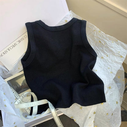 Xiaoxiangfeng heavy industry beaded vest chic sweet and spicy sleeveless top light luxury black knitted suspenders female summer new style