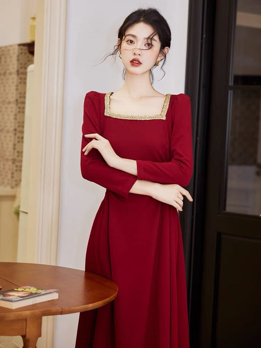 Toasting clothes for petite bride French retro square collar diamond-encrusted gentle temperament waist slimming long-sleeved dress