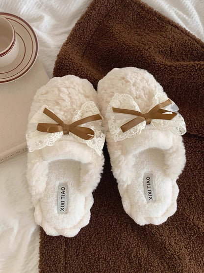 Thin Strips Couple Cotton Slippers Autumn and Winter Men and Women Fashion Home Warm Korean Style Bow-tie Furry Shoes ins