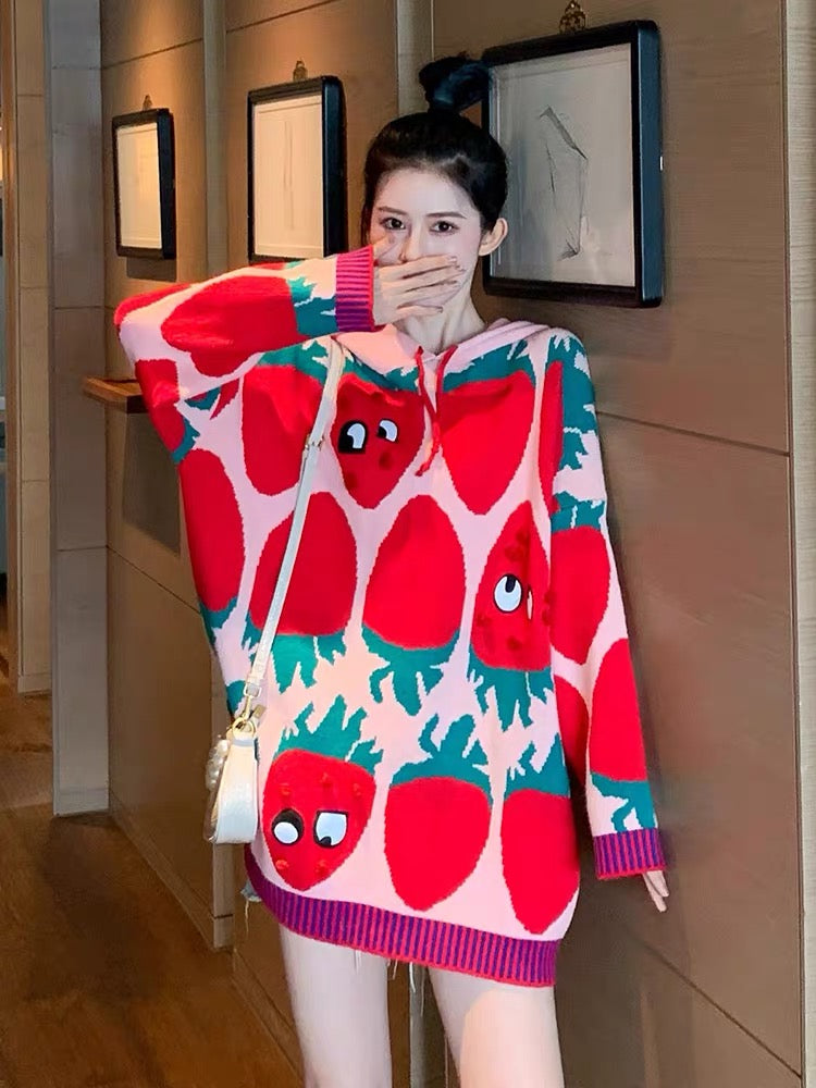 Hooded Red Strawberry Sweater Women's 2023 Autumn and Winter New Tops Loose Outerwear Knitwear Thickened Korean Style T2385