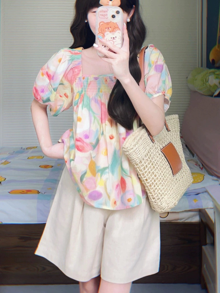 Korean style age-reducing full set of summer clothes dopamine color puff sleeve top casual shorts two-piece set small
