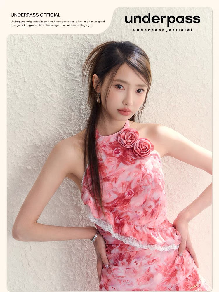 Underpass original design niche romantic red rose floral halter neck ribbon high waist dress for women