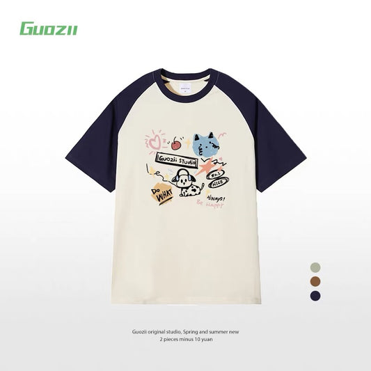Guozii cute puppy raglan short-sleeved T-shirt female original design small oversize pure cotton top summer