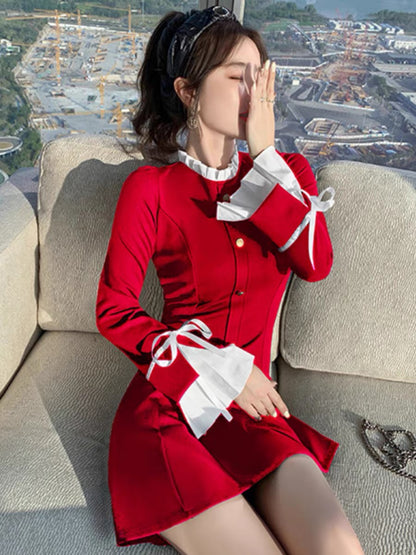 Red Dress 2023 Autumn New Women's French Slim Fit Little Hepburn Temperament Long Sleeve Skirt