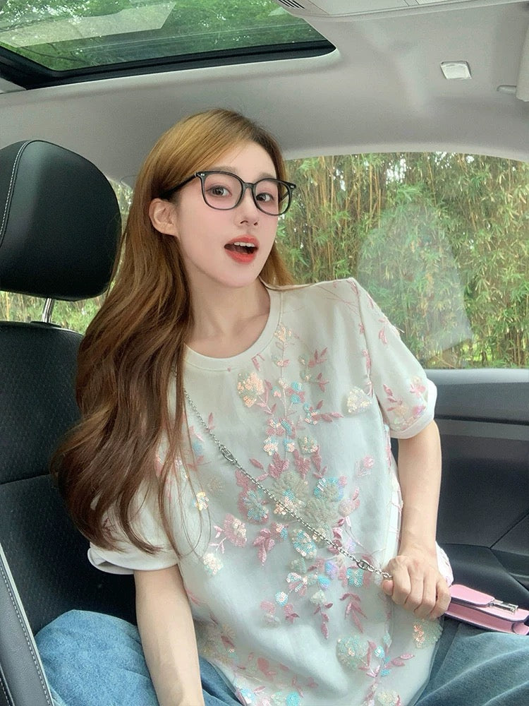 Heavy sequin embroidery short-sleeved T-shirt for women 2025 new summer niche temperament design mesh splicing top
