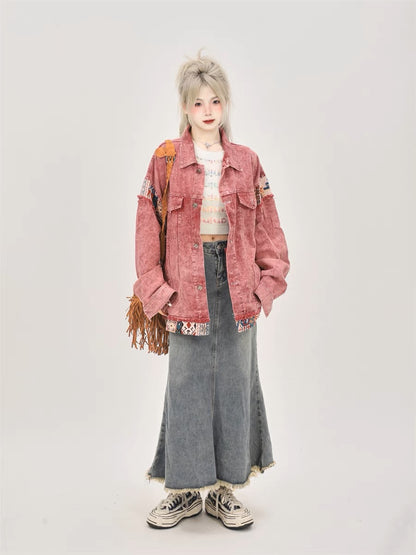 American retro dirty pink vintage denim jacket for women spring and autumn 2023 loose design niche jacket top A3355
