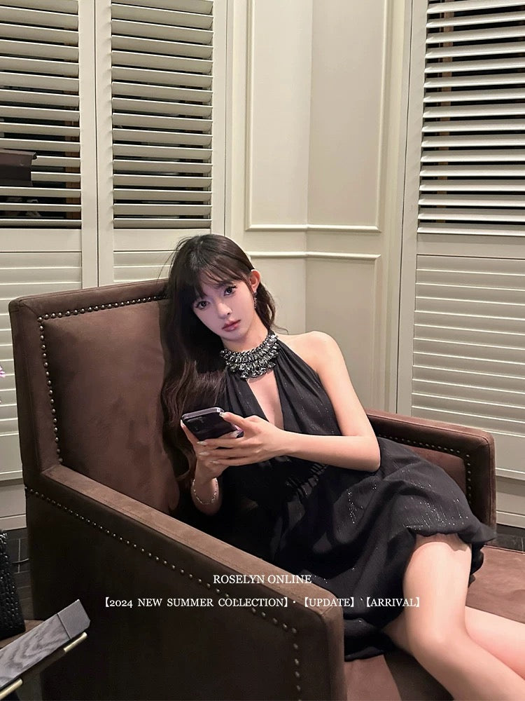 Roselyn black hot flash ancient early Qianjin style heavy diamond halter neck waist dress women's high-end little black dress
