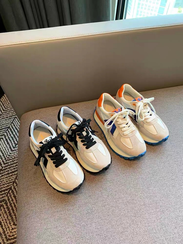 Sports shoes for women 2023 new Korean style lace-up versatile color-blocked genuine leather comfortable breathable thick-soled casual running shoes
