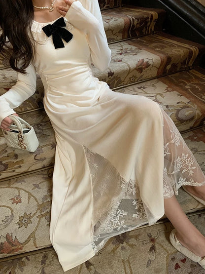 WITHMXBOOM gray home lace embroidery splicing dress women's early spring and autumn new French style long skirt