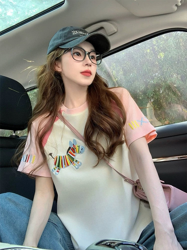 Colorful pony embroidered short-sleeved T-shirt for women 2025 new summer age-reducing design loose American style raglan top