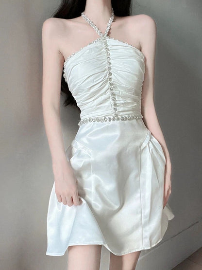 French style diamond-studded halter neck tube top dress women's spring sexy beautiful back white short skirt slimming waist a-line skirt