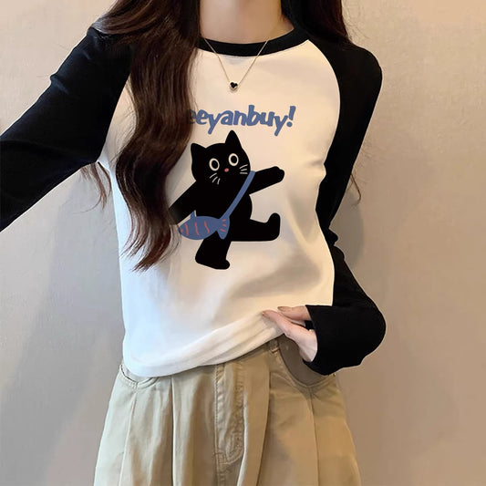 Contrast color pure cotton inner wear design sense splicing long-sleeved T-shirt female 2025 autumn and winter new European goods loose slim top M