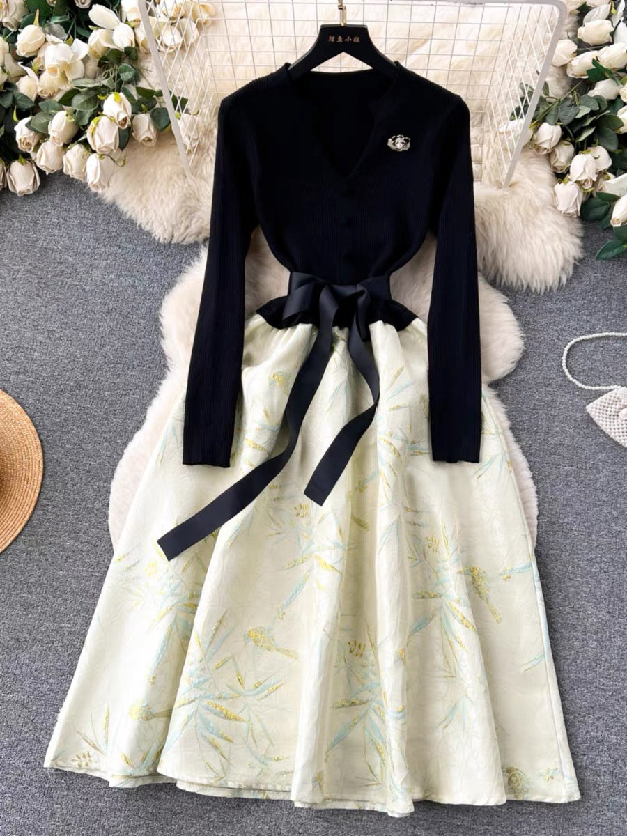French high-end Hepburn style light luxury dress for women autumn and winter knitted splicing jacquard fluffy dress (D0998)