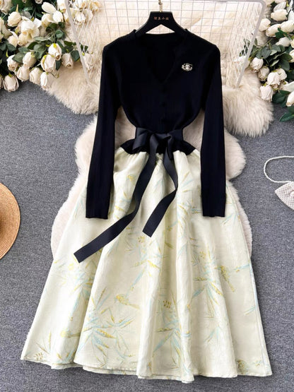 French high-end Hepburn style light luxury dress for women autumn and winter knitted splicing jacquard fluffy dress (D0998)