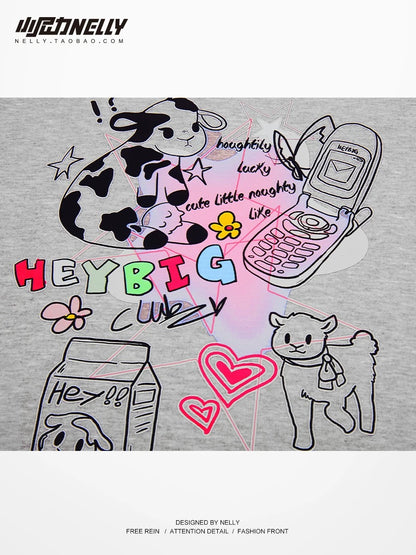 Cartoon dog round neck sweatshirt for men and women in autumn and winter American youth tops with velvet design and versatile outerwear trend