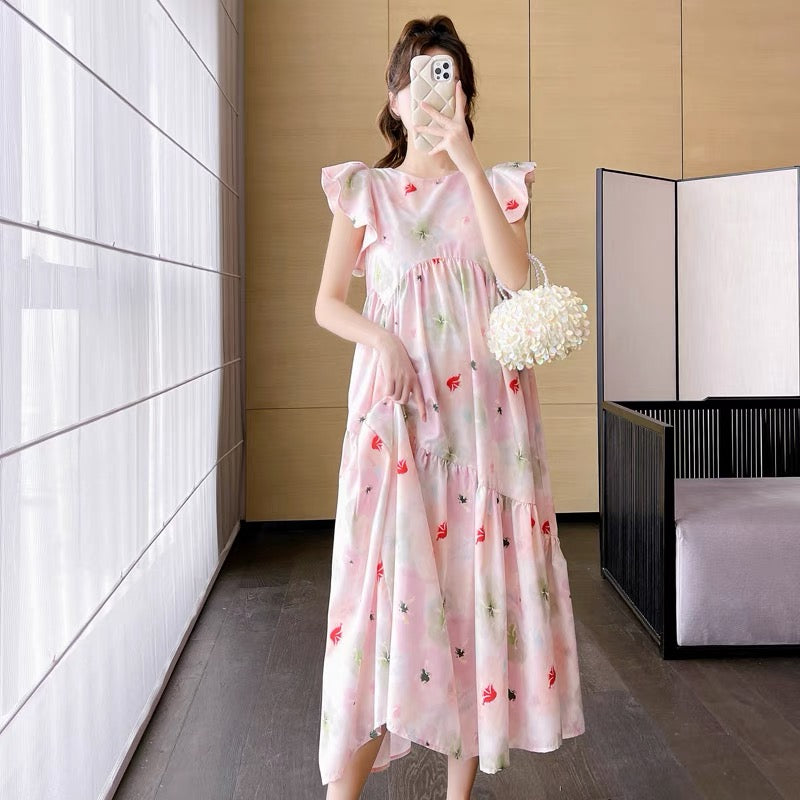 2023 New Large Size Summer Maternity Dress Temperament Floral Flying Sleeves Korean Style Slim Loose Fashionable Long Dress