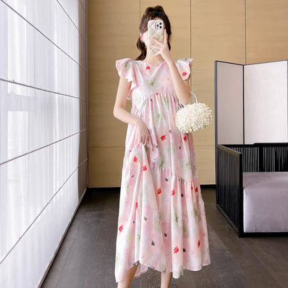2023 New Large Size Summer Maternity Dress Temperament Floral Flying Sleeves Korean Style Slim Loose Fashionable Long Dress