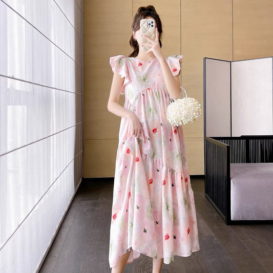 2023 New Large Size Summer Maternity Dress Temperament Floral Flying Sleeves Korean Style Slim Loose Fashionable Long Dress