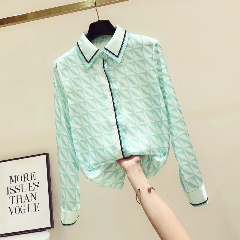 High-end light luxury silk printed shirt feminine temperament fashion foreign style long-sleeved top design sense niche spring and autumn shirt