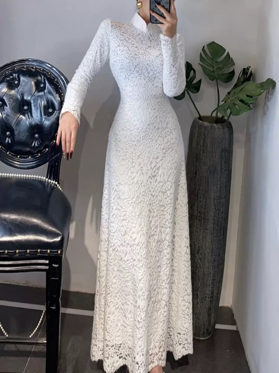 National style new Chinese style cheongsam stand collar slim mink velvet lace dress spring autumn winter red elegant dress black and white