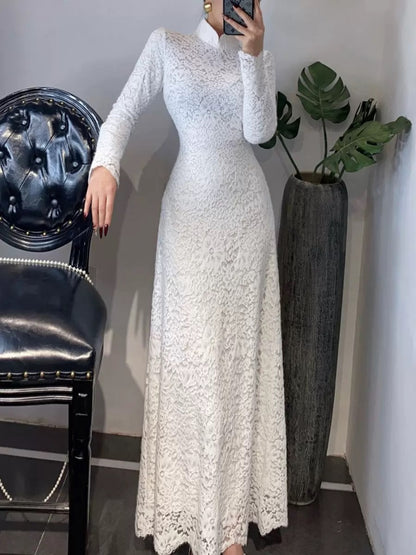 National style new Chinese style cheongsam stand collar slim mink velvet lace dress spring autumn winter red elegant dress black and white