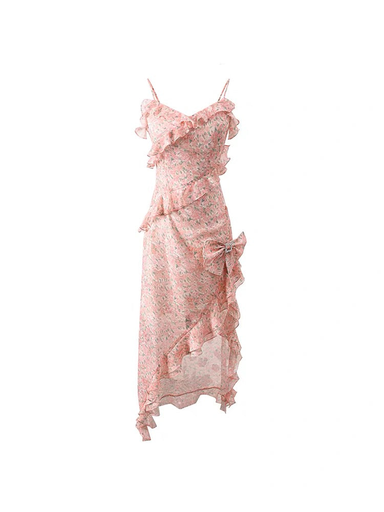 Underpass original design floral slit seaside vacation bow slim long skirt suspender dress