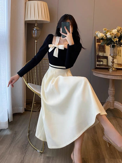 French retro small fragrance square collar dress women's 2023 autumn new Hepburn style high-level high-waisted dress