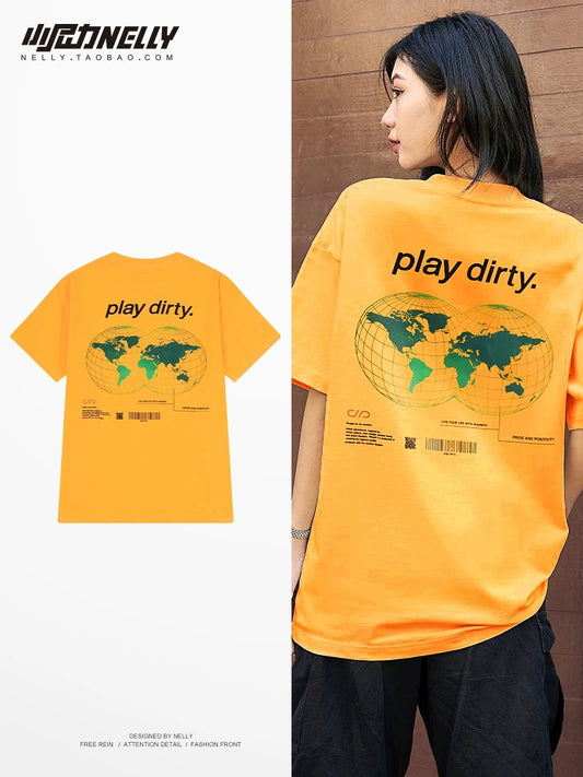 American retro heavyweight pure cotton earth print short-sleeved T-shirt for men and women trendy brand street student couple bottoming T-shirt