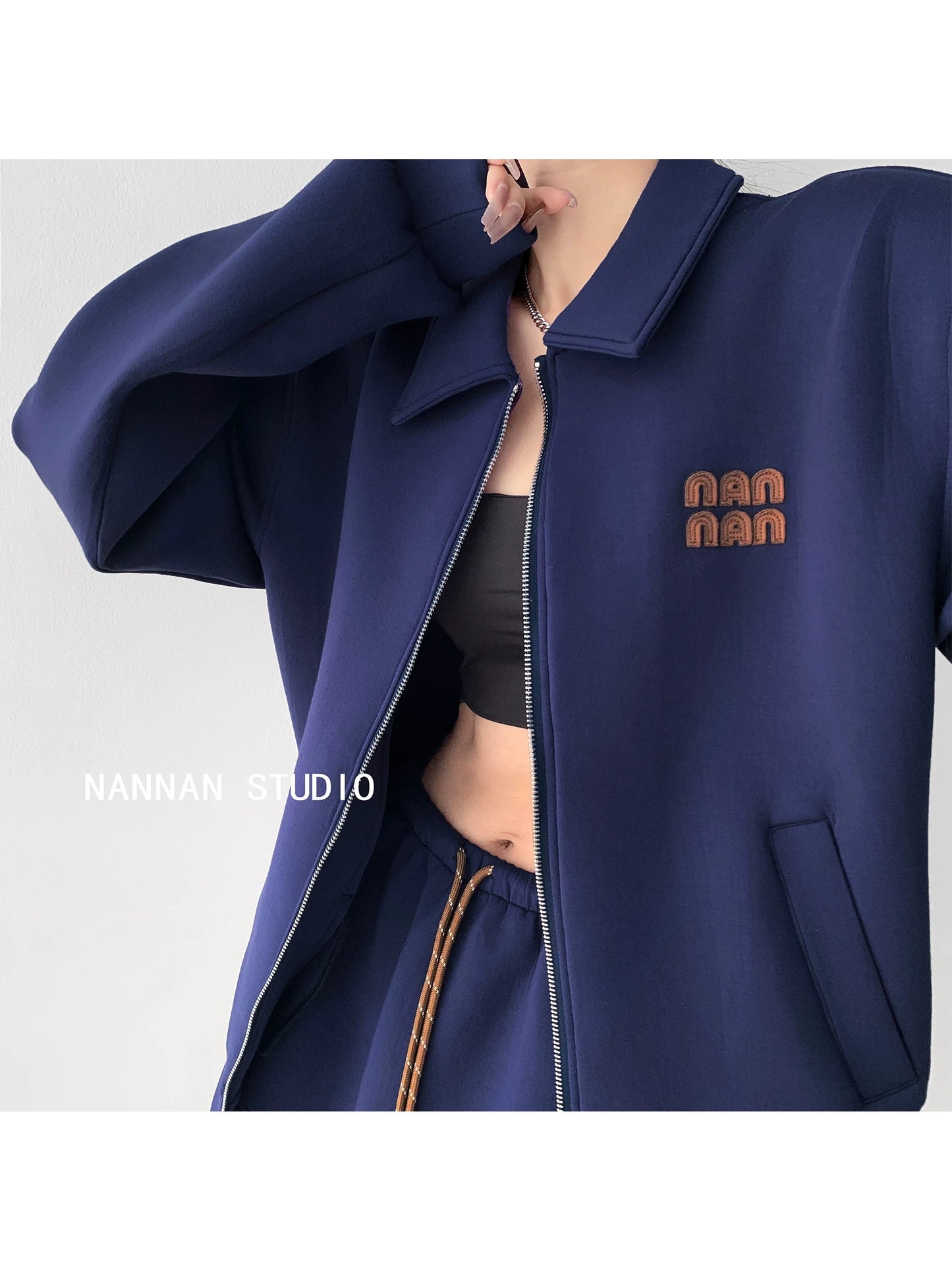 Unlimited repurchase! American loose air layer embroidery lapel sports sweatshirt women's drawstring high waist skirt suit