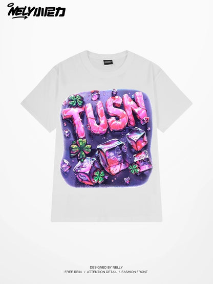 Nely American high street design letter ice cube short-sleeved men and women summer loose cotton half-sleeved T-shirt