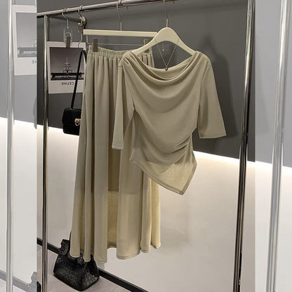 2023 new summer casual and mature style women's two-piece set, irregular one-shoulder top + waist skirt (S012)