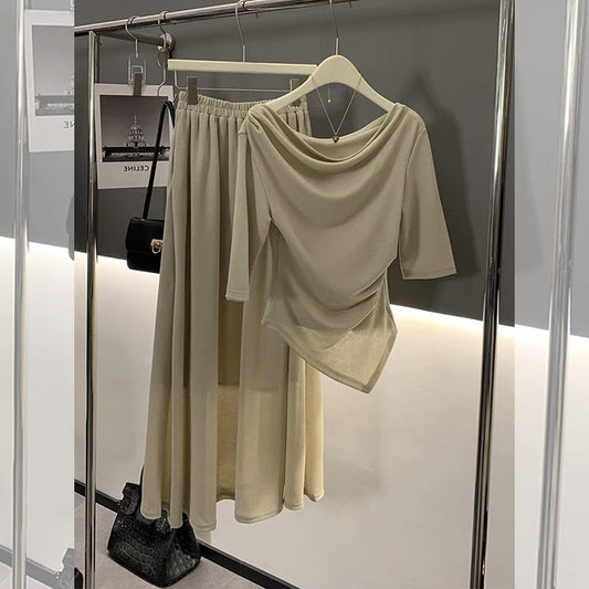 2023 new summer casual and mature style women's two-piece set, irregular one-shoulder top + waist skirt (S012)