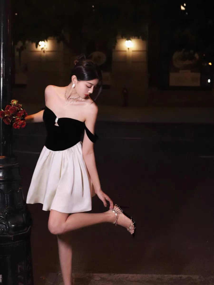 Thirteen and Little French Dress Women's Summer Contrast Color Spliced Velvet Sexy One-Shoulder Tube Top Skirt