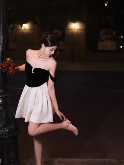 Thirteen and Little French Dress Women's Summer Contrast Color Spliced Velvet Sexy One-Shoulder Tube Top Skirt