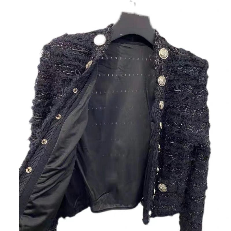 European Station Autumn and Winter New Style Slim Fit Socialite Double-row Metal Button Tassel Jacquard Braided Knitted Short Jacket for Women