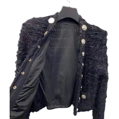 European Station Autumn and Winter New Style Slim Fit Socialite Double-row Metal Button Tassel Jacquard Braided Knitted Short Jacket for Women
