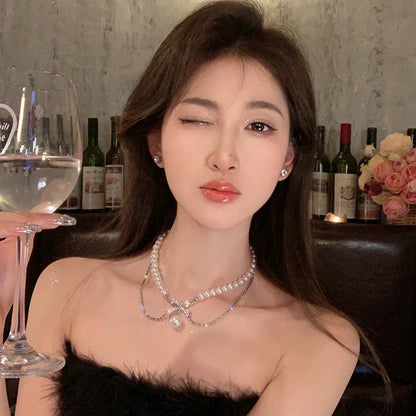 Romantic Escape~Double-layered bow pearl necklace for women, light luxury, niche, elegant, noble, clavicle chain, necklace, trendy