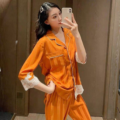 Japanese ins ice silk sexy luxury pajamas for women 2023 spring and autumn silk long-sleeved suit thin home clothes