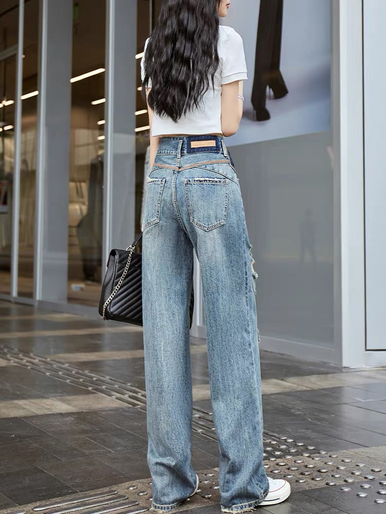 High-waisted contrasting color straight-leg ripped jeans for women, loose wide-legged 2023 autumn new style hip-lifting drapey floor-length pants (P138)