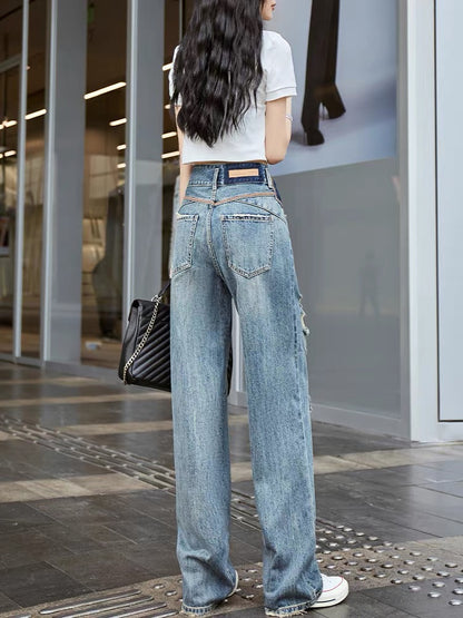 High-waisted contrasting color straight-leg ripped jeans for women, loose wide-legged 2023 autumn new style hip-lifting drapey floor-length pants (P138)