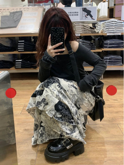 2025 early spring new ruffled floral cake skirt retro high waist slim a-line petite long skirt two-piece suit